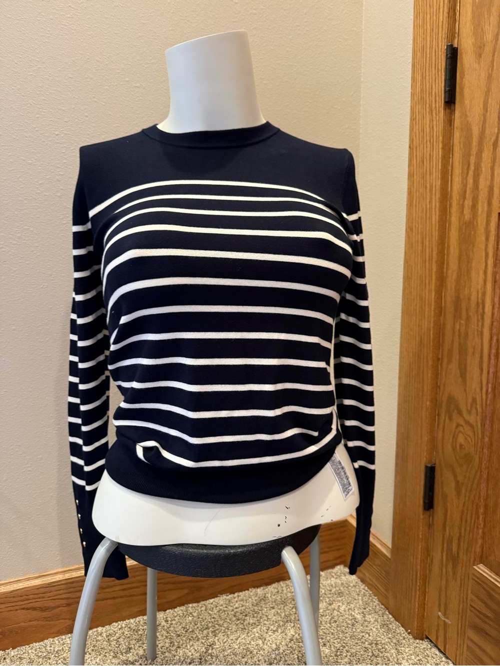 Zara Navy and White Striped Crewneck Sweater